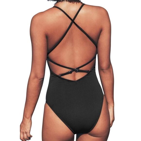 Cupshe Women's Lace up Black One Piece Size M Sexy Plunge Minimalist NWT - Picture 2 of 7